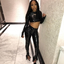 Sexy Leather Round Neck Long Sleeves Cropped Top With High Waist Split Trousers Two Pieces Sets K20S09621