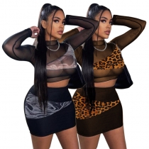 Sexy Mesh Stitching Printed Round Neck Long Sleeves Cropped Top With Mini Skirt Two Pieces Sets K9827