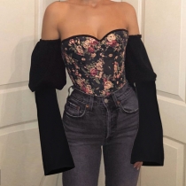 Sexy Printed Off Shoulder Long Sleeves Backless Mini Tops G19613T