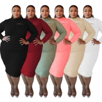 Plus Size Solid Color Hollow Out Round Neck Long Sleeves Midi Sweater Dress CY1434