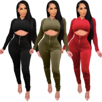 Fashion Solid Color Long Sleeves Hooded Cropped Sweater With High Waist Trousers Two Pieces Sets A5220