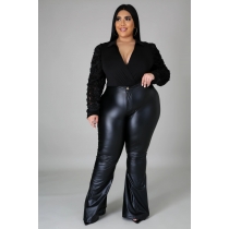 Plus Size High Waist Flared Pants Leather Trousers QJ5274