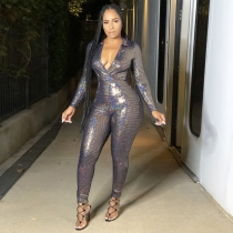 Sexy Sequins Deep V-Neck Long Sleeves Bodycon Jumpsuit FE030