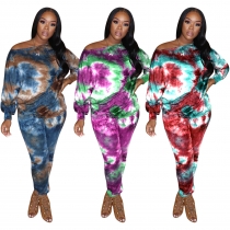 Casual Tie Dye Printed Round Neck Long Sleeves Tops With Trousers Two Pieces Sets FE037