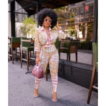 Fashion Printed Long Sleeves Midi Shirt With Trousers Two Pieces Sets J2250