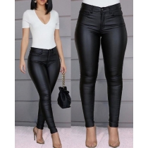 Casual Solid Color High Waist PU Leather Long Pants MK111