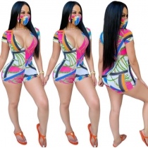 Women's multicolor printing summer short-sleeved jumpsuit sexy hot pants nightclub style YY5261