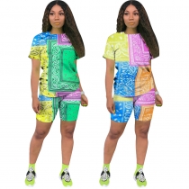 Urban casual non-positioning printed short-sleeved T-shirt suit two-piece women's clothing WJ5202