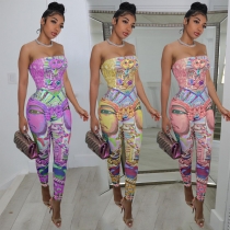 Fashion casual cartoon avatar positioning stitching 3-color sleeveless tube top halter jumpsuit ALS235