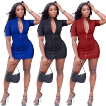 Fashion slim solid color two-way zipper sexy nightclub outfit mini dress S6275