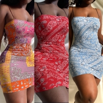 Women's clothing cashew flower element print suspender slim dress HR8169
