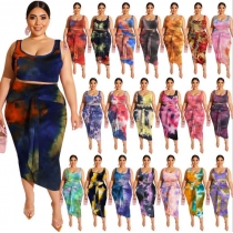 Tie-dye printed tight-fitting hip-fit fashion casual suit plus size women's two-piece suit OSS20778