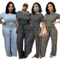 Striped printed knitted stretch style plus size women's jumpsuit OSS20793