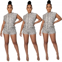 Leopard Print Hooded Shoulder Padded Vest Shorts Two-piece Fashion Casual Suit RM8919