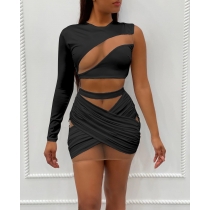 Mesh stitching one-shoulder sexy two-piece suit L6281