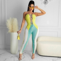 Stitching contrast color sleeveless tether strap tight-fitting trousers jumpsuit K21JP200