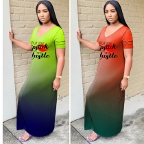 Gradient color long skirt digital print dress Q7176