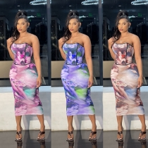 Sexy Wrapped Chest Strapless Neck Shaped Printed Women's Dress Two Piece Set CM2143