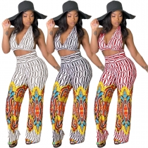 Fashion hanging neck wrapped chest flared pants positioning printing two-piece suit N6021