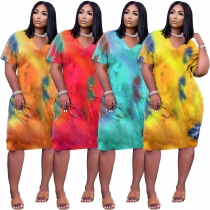 Sexy loose tie-dye printed V-neck casual dress TK6171