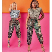 Fashion casual camouflage leopard print overalls with belt LS6435