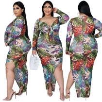 Fashion plus size women's sexy printed strappy asymmetrical dress with diagonal slits AP7051