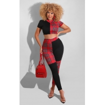 Two-piece autumn fashion plaid print short-sleeved trousers Z60060