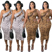 Plus size women's stock in stock, leopard print, hollow lace-up slim dress J21S6078