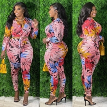 Plus size women's spot European and American spring and summer new prints, straps and slim sexy two-piece suit J21S6079