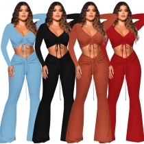 Autumn and winter thread solid color pleated V-neck sexy bootcut trousers two-piece suit Q21S921