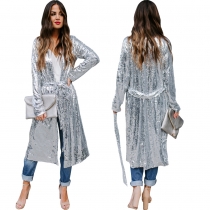 Women's fashion casual silver sequined long coat (including belt) TS1000