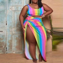 Fashion plus size women's cross-border sexy rainbow striped hollow one-piece swimsuit skirt two-piece suit AP7020