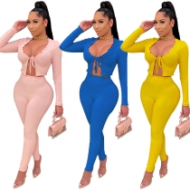 Two-piece sexy body sculpting suit with fashionable wooden ears, casual solid color suit J6229