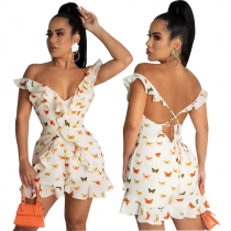 Fashion sexy deep V open back butterfly print short jumpsuit with wooden ears N9295