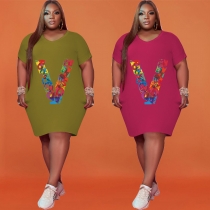 2021 plus size women's printed V fashion two-color dress HB4027