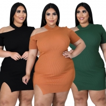 Fat lady plus size women's clothing knitted pit strip side opening off-shoulder dress three-color QJ5293