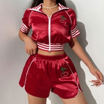Women's Cherry Embroidered Navel Zipper Cardigan Elastic Shorts Set Sports Two-Piece Set LR14242
