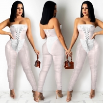 Solid color wrapped chest sexy see-through jumpsuit trousers women's clothing X5183