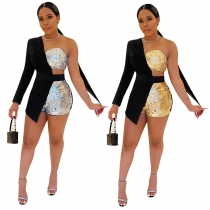 Sexy Slim Sequin Hot Selling Short Two-color Three-piece Set BK1009