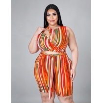 Plus size women's fashion print multicolor vertical striped hollow zipper jumpsuit LY8025
