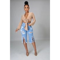 New style ripped elastic fringed jeans women's short pants CJ968