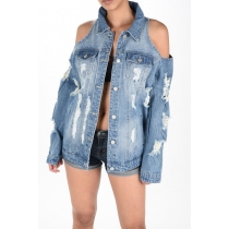 New style ripped off-shoulder denim jacket women's mid-length denim trench coat CJ972