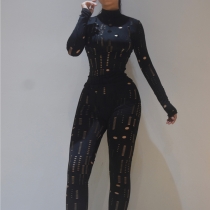 2021 autumn women's new sexy hollow hole high waist tight trousers casual sports suit women K21S05493