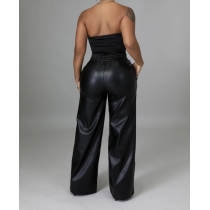 New solid color PU leather pants with loose wide leg pockets BN211