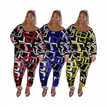 Plus size women's fashion digital printing loose long-sleeved trousers two-piece suit QX1224