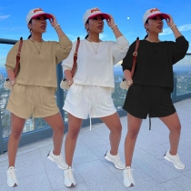 Women's solid color fashion sports loose and comfortable round neck long-sleeved shorts sweater two-piece suit Y8101