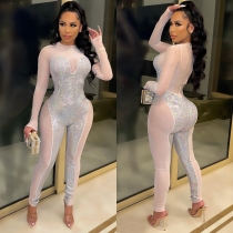 Sexy white long-sleeved one-piece nightclub clothes VK2246