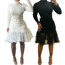 Women's thread dress long-sleeved tight-fitting high-neck mesh sweater dress autumn and winter AL192