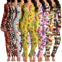 Printed cartoon element pajamas open jumpsuit BN7240