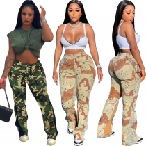 Camouflage stitching bell bottom pants HY5246